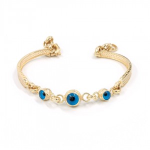 سوار فضة تركية مطلي باللون الذهبي مع خرزات عين الشر ومزين بالزركون سوار فضة تركية مطلي باللون الذهبي مع خرزات عين الشر ومزين بالزركون