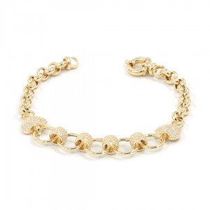 Turkish Silver Bracelet in Gold Tone with Interlocking Rings and Zircon Heart Charm Turkish Silver Bracelet in Gold Tone with Interlocking Rings and Zircon Heart Charm