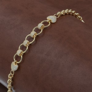 Turkish Silver Bracelet in Gold Tone with Interlocking Rings and Zircon Heart Charm Turkish Silver Bracelet in Gold Tone with Interlocking Rings and Zircon Heart Charm