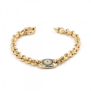925 Sterling Silver Turkish Bracelet in Gold Color with Interlocking Rings Design and Evil Eye Charm 925 Sterling Silver Turkish Bracelet in Gold Color with Interlocking Rings Design and Evil Eye Charm