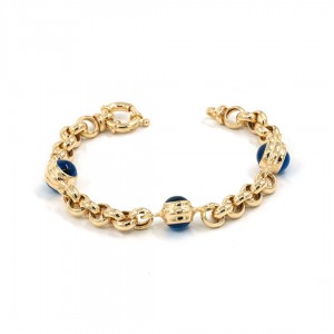 Sterling Silver Bracelet in Gold Plated with Interlocking Links Design with Three Evil Eye Balls Sterling Silver Bracelet in Gold Plated with Interlocking Links Design with Three Evil Eye Balls