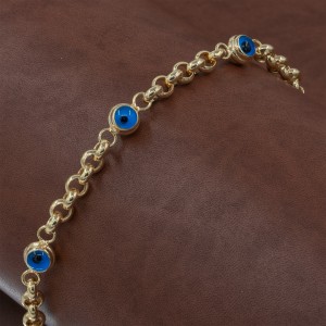 Sterling Silver Bracelet in Gold Plated with Interlocking Links Design with Three Evil Eye Balls Sterling Silver Bracelet in Gold Plated with Interlocking Links Design with Three Evil Eye Balls