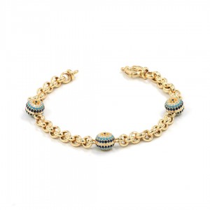 Sterling Silver Bracelet in Gold Color with Interlocking Circular Rings Design and Evil Eye Beads Sterling Silver Bracelet in Gold Color with Interlocking Circular Rings Design and Evil Eye Beads