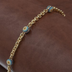 Sterling Silver Bracelet in Gold Color with Interlocking Circular Rings Design and Evil Eye Beads Sterling Silver Bracelet in Gold Color with Interlocking Circular Rings Design and Evil Eye Beads