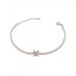 Sterling Silver Chain Bracelet with Transparent Zircon and Pink Love Rose Sterling Silver Chain Bracelet with Transparent Zircon and Pink Love Rose
