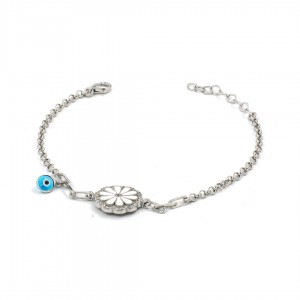 925 Sterling Silver Bracelet with White Love Rose and Blue Bead to Ward Off Evil Eye 925 Sterling Silver Bracelet with White Love Rose and Blue Bead to Ward Off Evil Eye
