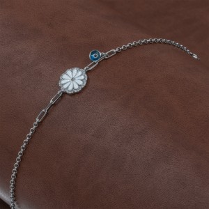 925 Sterling Silver Bracelet with White Love Rose and Blue Bead to Ward Off Evil Eye 925 Sterling Silver Bracelet with White Love Rose and Blue Bead to Ward Off Evil Eye