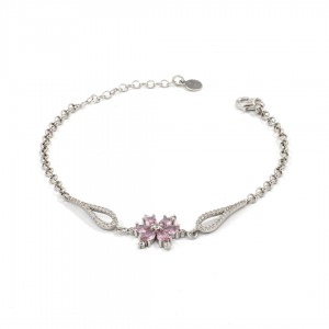 925 Sterling Silver Bracelet with Pink Flower and Clear Zircon Stones 925 Sterling Silver Bracelet with Pink Flower and Clear Zircon Stones