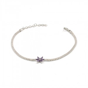 سوار التنس من الفضة الاسترلينية بحجر الزركون وزهرة البنفسج في المنتصف سوار التنس من الفضة الاسترلينية بحجر الزركون وزهرة البنفسج في المنتصف