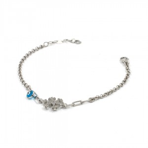 Women's Silver Snowflake Bracelet Decorated with Cubic Zircon and Evil Eye Amulet with Adjustable Chain Women's Silver Snowflake Bracelet Decorated with Cubic Zircon and Evil Eye Amulet with Adjustable Chain