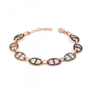 Women's Gold-Tone Sterling Silver Bracelet with Oblique Oval Design Studded with Shiny Colored Zircon and Crystals Stones Women's Gold-Tone Sterling Silver Bracelet with Oblique Oval Design Studded with Shiny Colored Zircon and Crystals Stones
