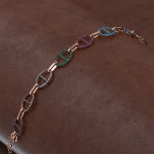 Women's Gold-Tone Sterling Silver Bracelet with Oblique Oval Design Studded with Shiny Colored Zircon and Crystals Stones Women's Gold-Tone Sterling Silver Bracelet with Oblique Oval Design Studded with Shiny Colored Zircon and Crystals Stones
