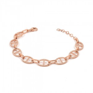 Gold-Tone Sterling Silver Bracelet with Oblique Oval Design and Shiny Zircon Stones Gold-Tone Sterling Silver Bracelet with Oblique Oval Design and Shiny Zircon Stones