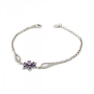 Women's 925 Silver Bracelet Made of Zircon Stone and Decorated with a Beautiful Purple Flower  Women's 925 Silver Bracelet Made of Zircon Stone and Decorated with a Beautiful Purple Flower