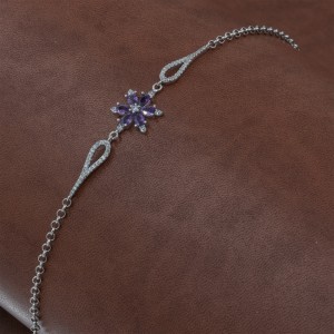 Women's 925 Silver Bracelet Made of Zircon Stone and Decorated with a Beautiful Purple Flower  Women's 925 Silver Bracelet Made of Zircon Stone and Decorated with a Beautiful Purple Flower