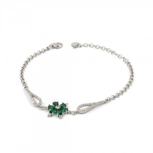 Women's Silver Bracelet with Green Emerald Flower and Zircon Stone Women's Silver Bracelet with Green Emerald Flower and Zircon Stone