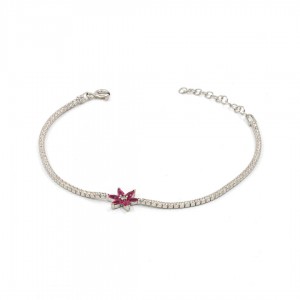 Women's Tennis Bracelet: Sterling Silver with Zircon Stone and Red Rose Women's Tennis Bracelet: Sterling Silver with Zircon Stone and Red Rose