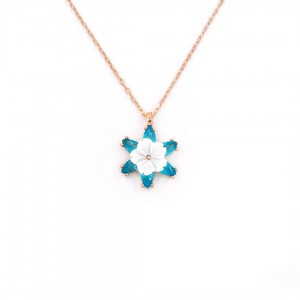 925 Sterling Silver Pendant with Turquoise Zircon Stones in the Shape of a Six-Pointed Star and a White Flower in the Middle 925 Sterling Silver Pendant with Turquoise Zircon Stones in the Shape of a Six-Pointed Star and a White Flower in the Middle