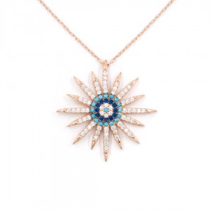 Women's 925 Sterling Silver Necklace with Sun-Shaped with an Evil Eye Bead in the Middle Women's 925 Sterling Silver Necklace with Sun-Shaped with an Evil Eye Bead in the Middle