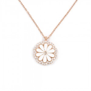 Women's Sterling Silver Necklace with White Rose Medallion and Clear Zircon Stones Women's Sterling Silver Necklace with White Rose Medallion and Clear Zircon Stones