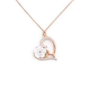 Women's Necklace: Sterling Silver, Gold Color Plated with Love Heart Design and White Rose Women's Necklace: Sterling Silver, Gold Color Plated with Love Heart Design and White Rose