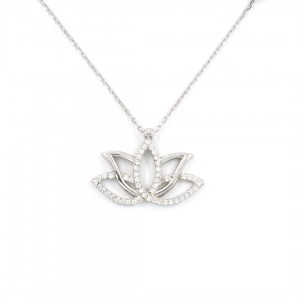 Sterling Silver Necklace For Women, Lotus Flower Design, Decorated with Clear Zircon Stone Sterling Silver Necklace For Women, Lotus Flower Design, Decorated with Clear Zircon Stone