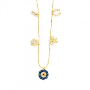 Yellow Silver Necklace Embroidered with White and Blue Zircon Stones with An Evil Eye Design Yellow Silver Necklace Embroidered with White and Blue Zircon Stones with An Evil Eye Design