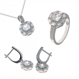 Women's Sterling Silver Jewelry Set with Zircon Stone in Circular Design Women's Sterling Silver Jewelry Set with Zircon Stone in Circular Design