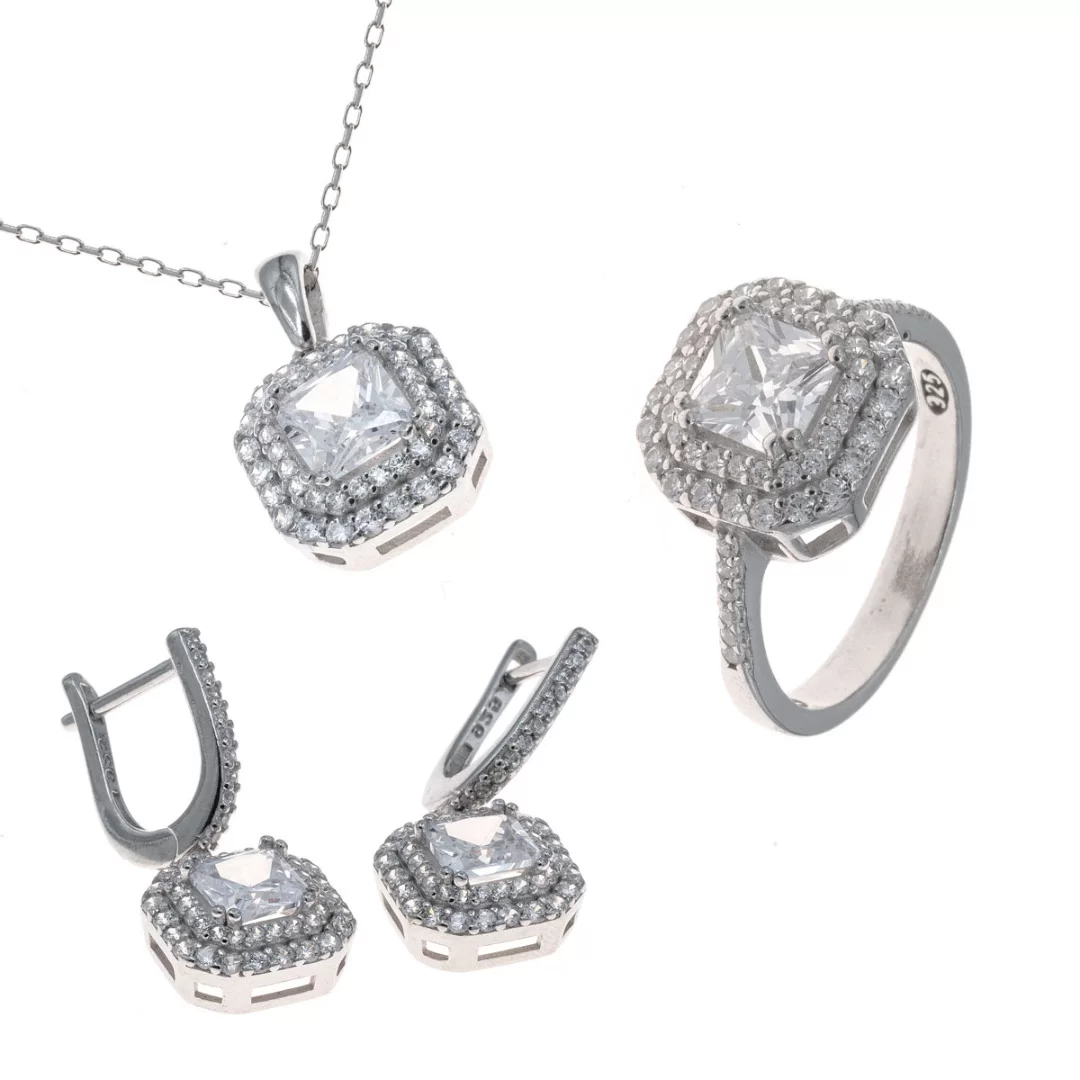 LGSY 925 Sterling Silver Triangle Gemstone Jewelry Set - CZ Pendant, Earrings & Ring | DIY Women's Jewelry Making