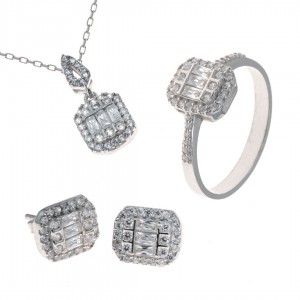 Women's Clear Zircon Sterling Silver Jewelry Set for Wedding or Engagement Women's Clear Zircon Sterling Silver Jewelry Set for Wedding or Engagement