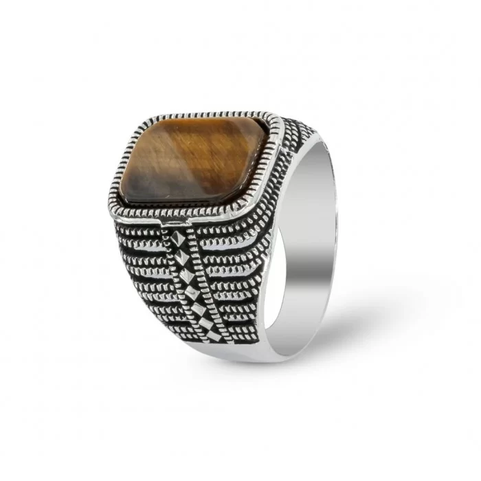Mysilverworld Solid 925 Sterling Silver Crescent Star Ring With Tiger's Eye Stone For Men (Size 8.5)