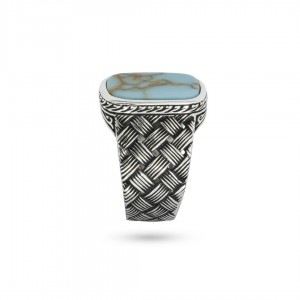 925 Sterling Silver Ring with Mesh Design for Men Studded with Blue Turquoise Stone 925 Sterling Silver Ring with Mesh Design for Men Studded with Blue Turquoise Stone