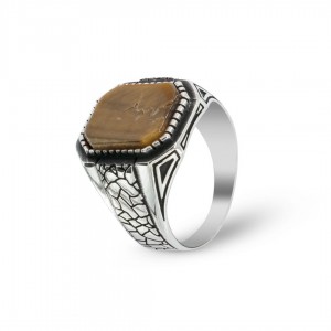 Tiger Eye Ring - 925 Silver Men's Ring with Modern Carved Design Tiger Eye Ring - 925 Silver Men's Ring with Modern Carved Design