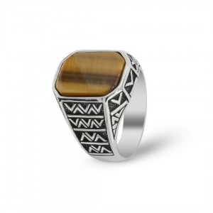 925 Sterling Silver Men's Ring with Tiger's Eye Stone and Engraved Letter Waw 925 Sterling Silver Men's Ring with Tiger's Eye Stone and Engraved Letter Waw