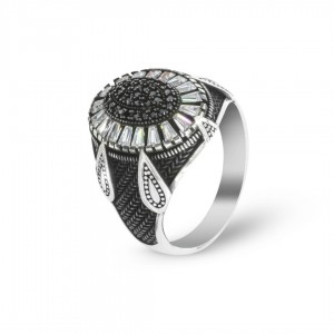 Men's 925 Silver Ring with Black and White Zircon Stones - Geometric Design with Raindrop Ends Men's 925 Silver Ring with Black and White Zircon Stones - Geometric Design with Raindrop Ends