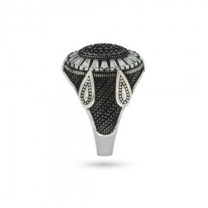 Men's 925 Silver Ring with Black and White Zircon Stones - Geometric Design with Raindrop Ends Men's 925 Silver Ring with Black and White Zircon Stones - Geometric Design with Raindrop Ends