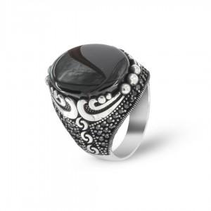925 Sterling Silver Men's Ring with Natural Black Agate Stone - Handmade Turkish Design 925 Sterling Silver Men's Ring with Natural Black Agate Stone - Handmade Turkish Design