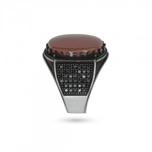 خاتم بحجر العقيق الاحمر من الفضة الاسترليني بختم 925 قيراط للرجال مرصع من كلا جانبية بحجارة الزيركون خاتم بحجر العقيق الاحمر من الفضة الاسترليني بختم 925 قيراط للرجال مرصع من كلا جانبية بحجارة الزيركون