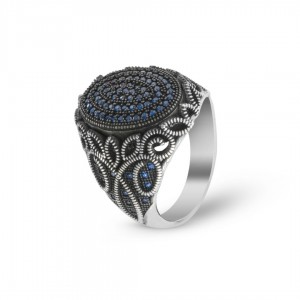 Handcrafted Men's Ring: Sterling Silver with Blue Zircon Stones Handcrafted Men's Ring: Sterling Silver with Blue Zircon Stones